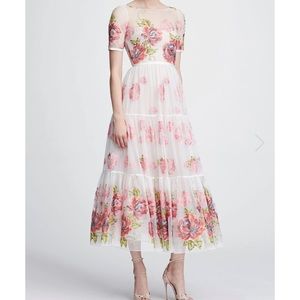 Marchesa Notte Short Sleeve Floral Embroidered Tea-Length Gown